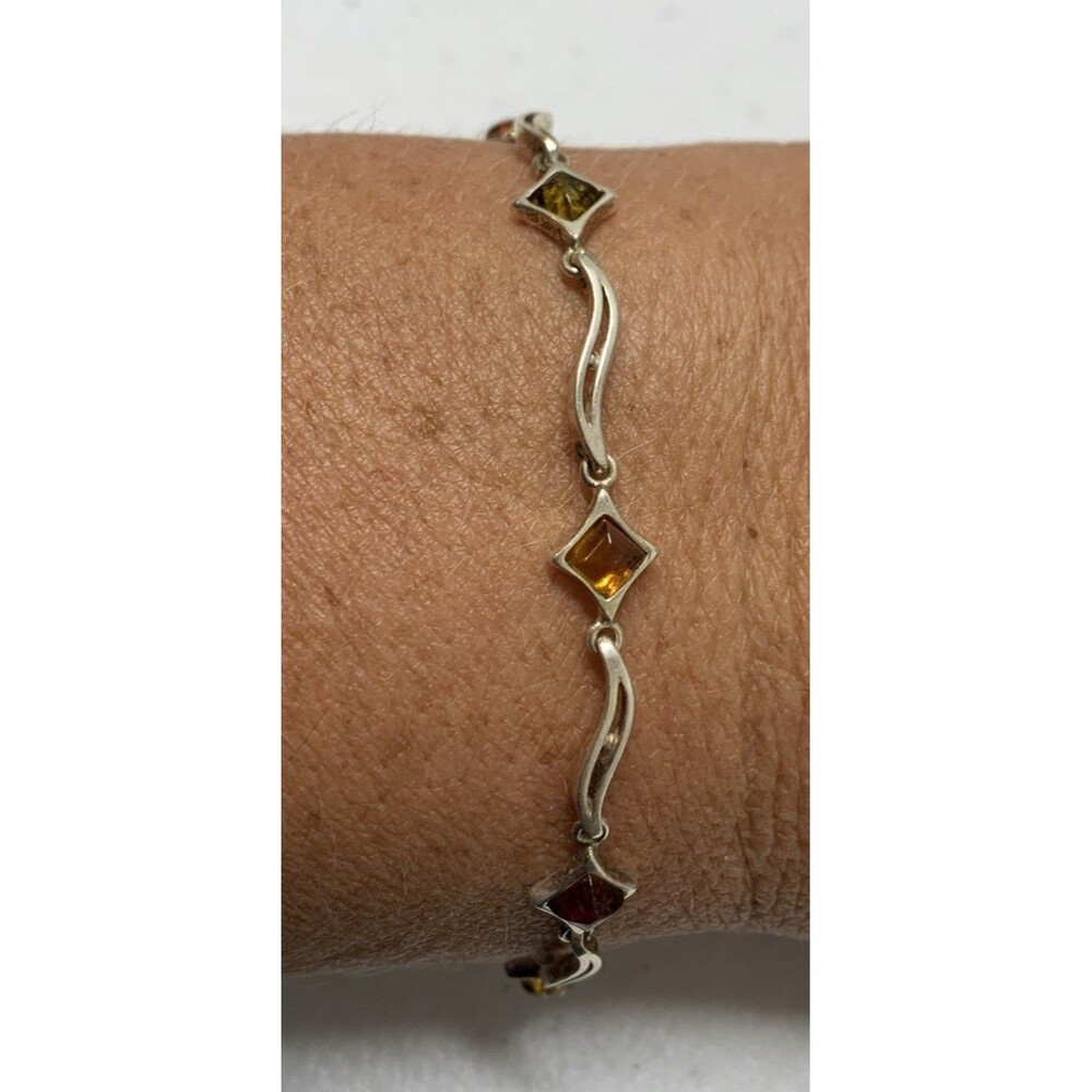 Baltic Amber 925 Sterling Silver Bracelet 7.5” Wavy Geometric Link